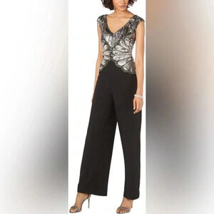 Adrianna Pappel Beaded Jumpsuit Size 4 Black Mercury EUC